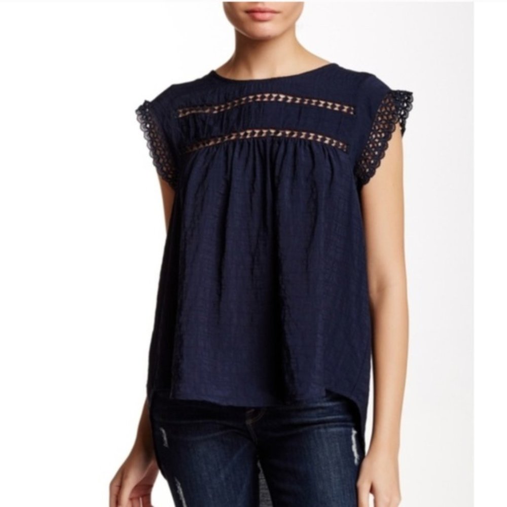 Anthro Babydoll Crochet Navy Blouse Top Sz L
